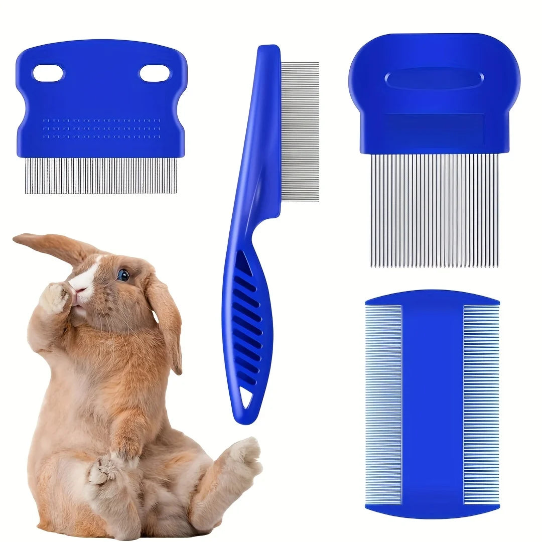 Pack of 4 Flea and Lice Combs, Stainless Steel Rabbit Dog Cat Grooming Comb with Round Teeth, Double-sided Professional Pet Tear