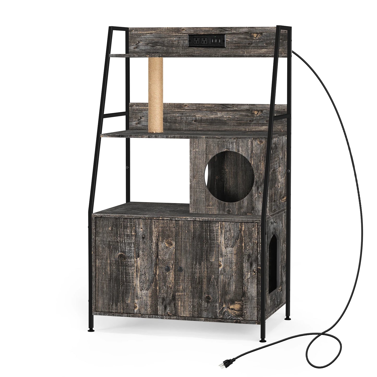 Cat Litter Box Enclosure w/Charging Station & Shelves - Tall Hidden Furniture Universal Fit Indoor, Storage Cabinet (Black)