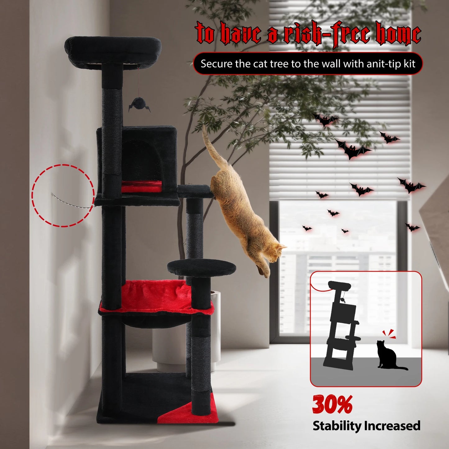 Environment&Cat-Friendly Gothic Cat Tree Suitable for 2-3Cats with Large Hammock,Sisal Scratch Posts ,Cozy Condo and Top Perch