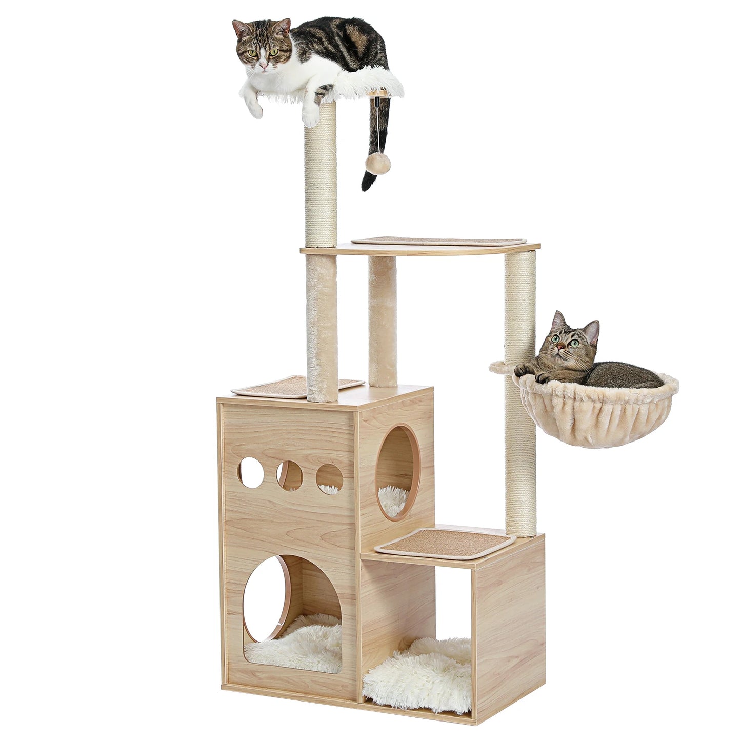 Wood Cat Tree with Sisal Scratching Posts, Large Top Perch, Deep Hammock, Cozy Cat Condo for Indoor, Multi-Level Cat Tower House