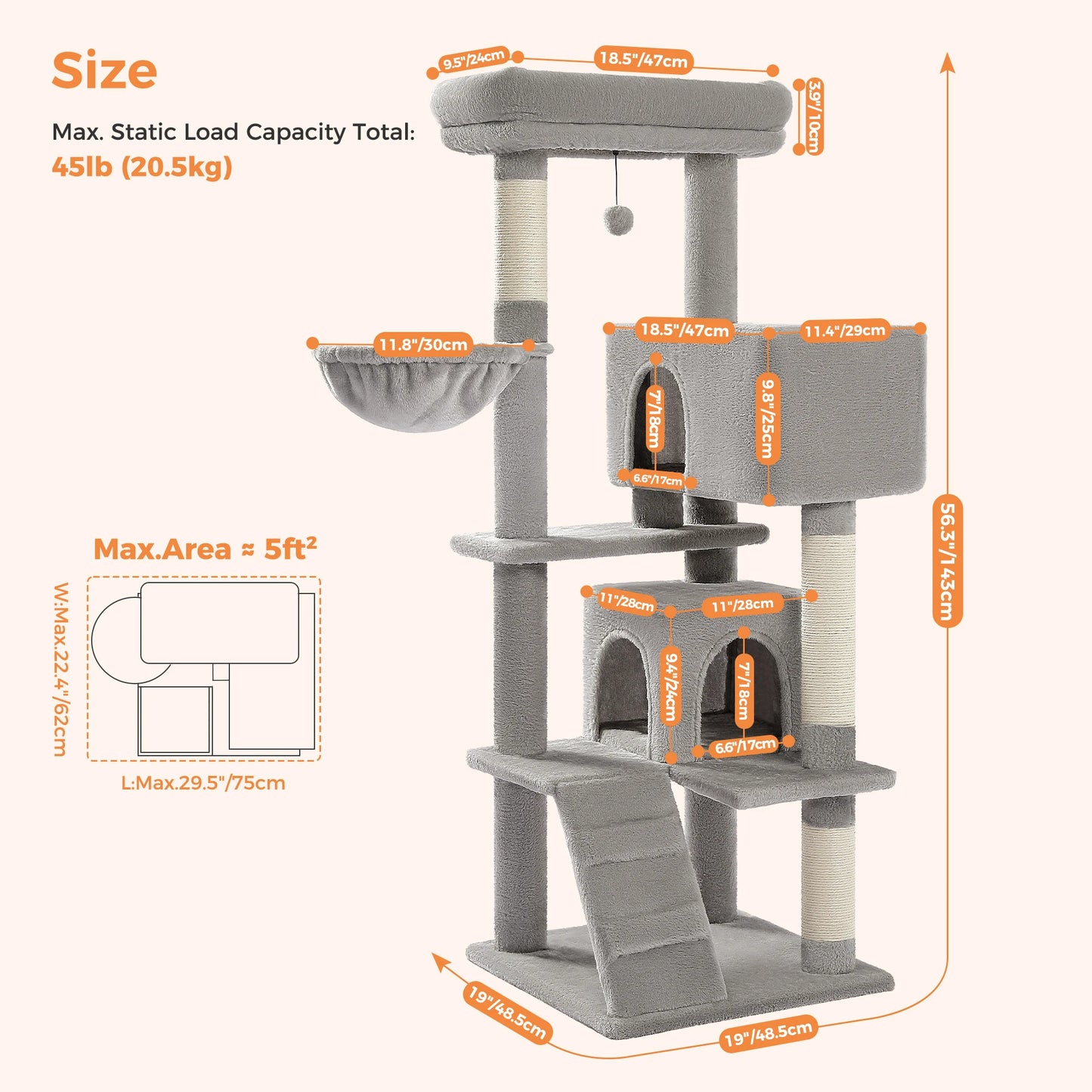 Cat Tree Luxury Cat Towers with Double Condos Spacious Perch Cat Hammock Fully Wrapped Scratching Sisal Post and Dangling Balls