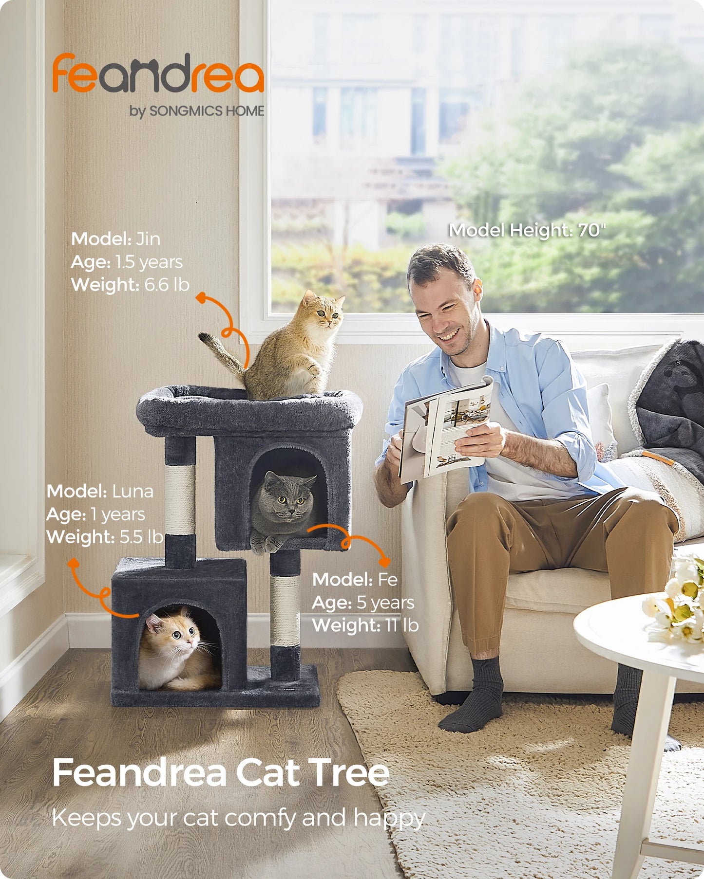 Feandrea Cat Tree, 29.1-Inch Cat Tower, M, Cat Condo for Medium Cats up to 11 lb, Large Cat Perch, 2 Cat Caves, Scratching Post