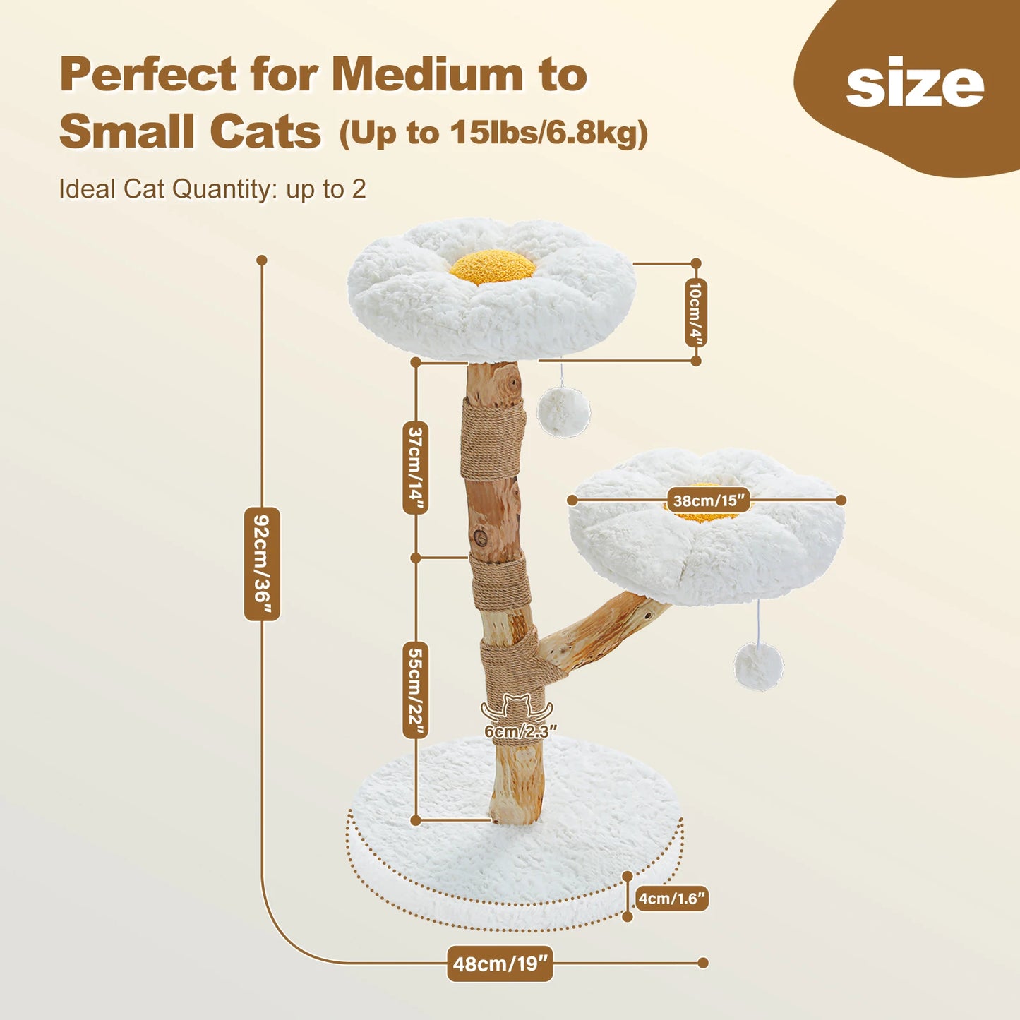 Wood Flower Cat Tree with 2 Perches Sisal Scratching Post Modern Cat Tower for Indoor Cats Luxury Boho Cat Furniture Cat Toys