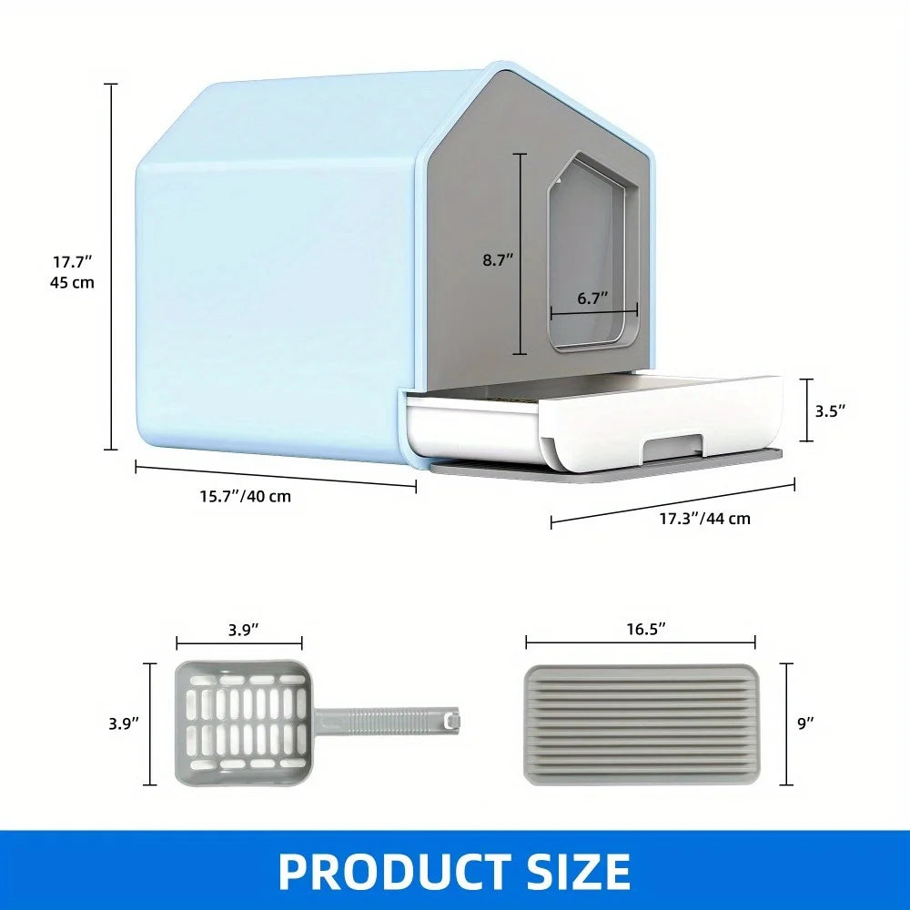 Uforic Enclosed Cat Litter Box - Odor-Free Hooded Design, Easy to Clean, with Mat, Scoop, and Durable Plastic Material - Blue