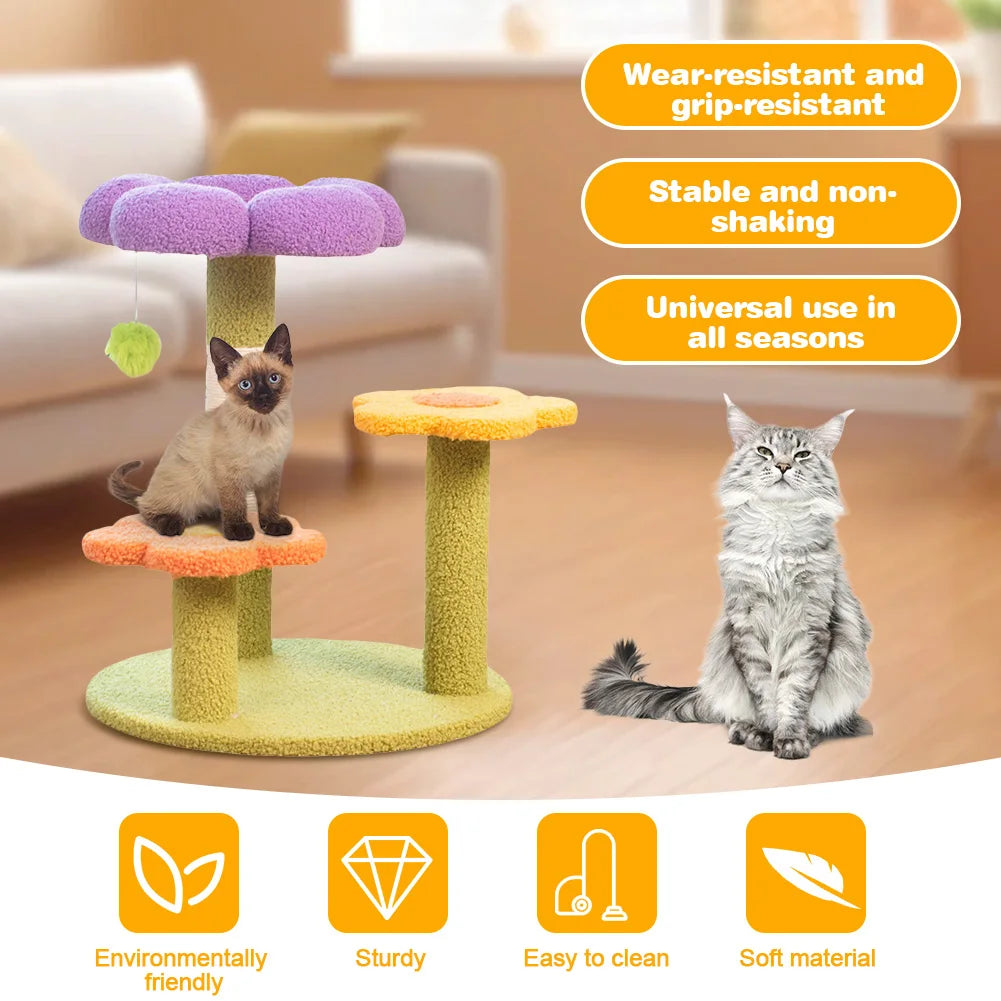 Flower Cat Tree Tower Cat Climbing Frame Sisal Wrapped Cute Cat Tree Multi-Function Interactive Cat Tower 3 Layer for Kittens