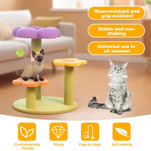 Flower Cat Tree Tower Cat Climbing Frame Sisal Wrapped Cute Cat Tree Multi-Function Interactive Cat Tower 3 Layer for Kittens