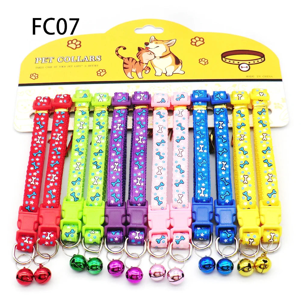 12Pcs Wholesale Mix Color Anti-Lost Dog Collars Pet Cat Puppy Buckle Collar with Bell 6 Colors Footprint