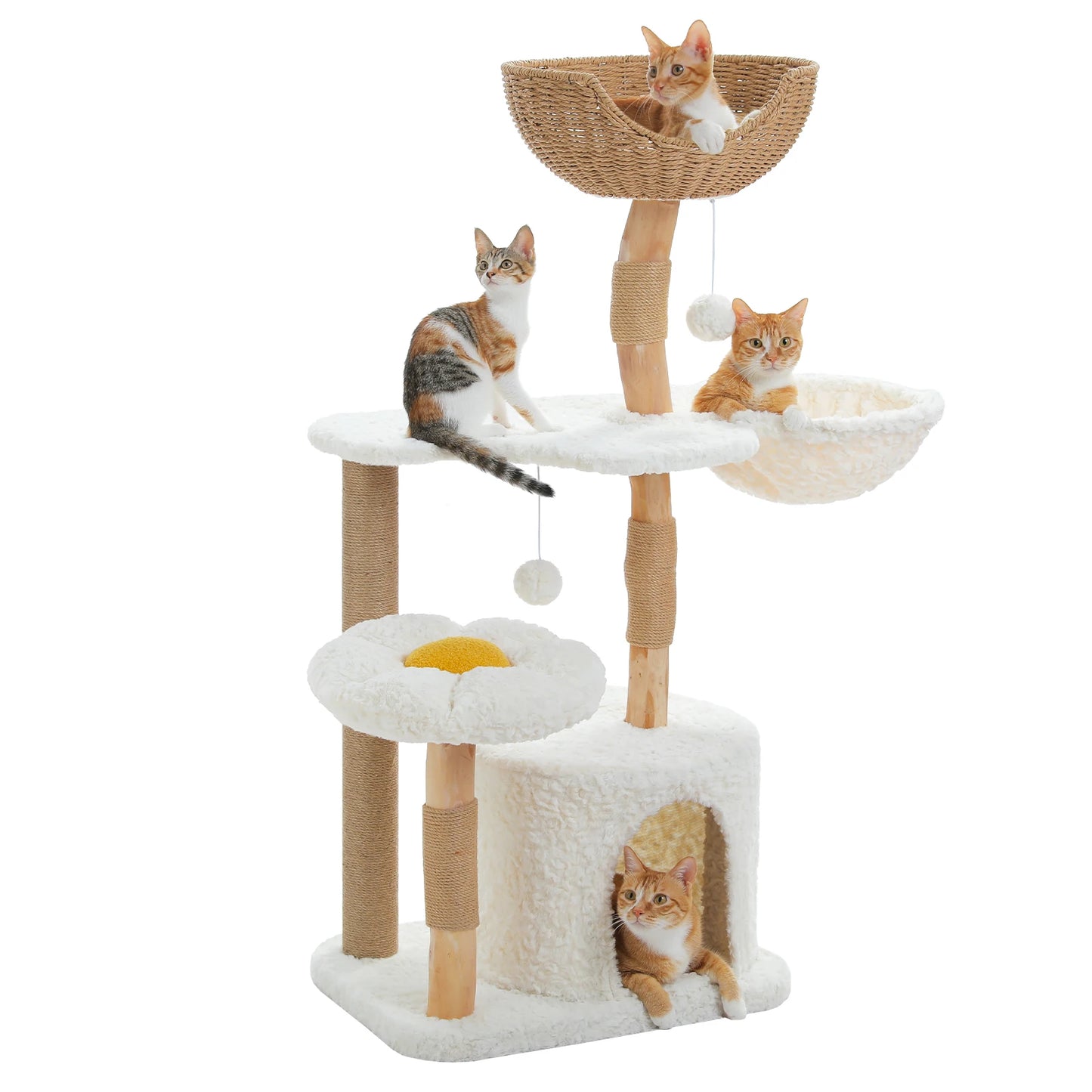 Modern Cat Tree for Indoor Cats Solid Wood Cat Tower with Luxury Cat Condo Cozy Hammock Scratching Post Flower Cat Bed Cat Toys