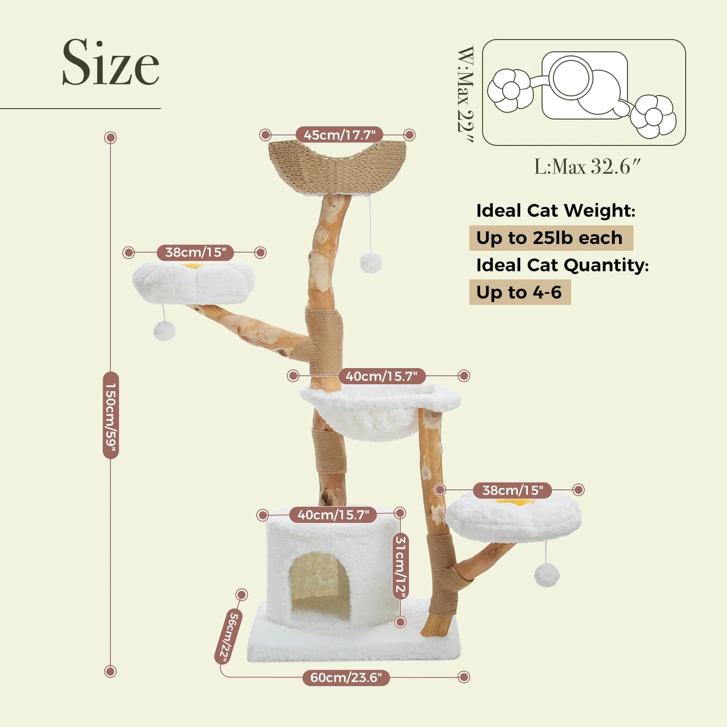 Modern Cat Tree with Natural Sisal Scratching Posts Large Condo Flower Perches Wood Cat Tower for Indoor Luxury Cat Furniture