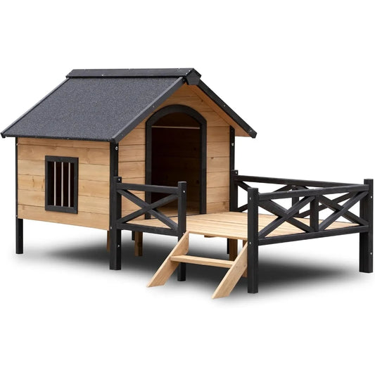 Wooden Large Dog House 43.3" L x 69.9" W x 32.7" H Extreme Outback Log Cabin Weatherproof Outdoor Pet Kennel, Cabin Style Elevat