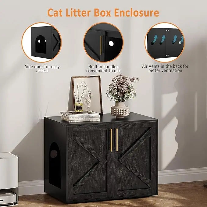 Hidden Litter Box Furniture with 2 Doors, Wooden Litter Box Enclosure Furniture, Indoor Cat House, TV Stand Cabinet