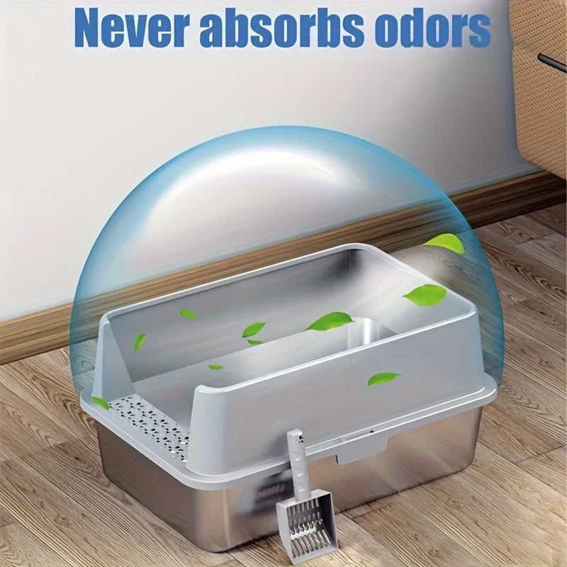 Super Large XL Stainless Steel Litter Box With Lid High Side Suitable For Large and Small Cats RemovableOdorIncluding Spoon