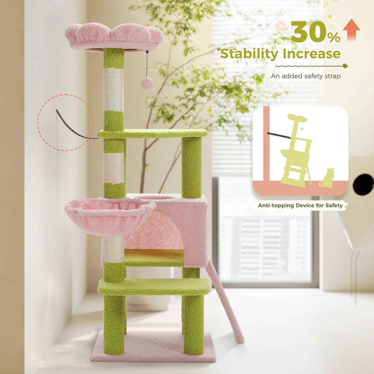 Flower Cat Tree, Multi-Level Cat Tower with Sisal Scratching Posts, Hammock, Ramp, Top Perch, Cat Condo for Indoor, Kitten Toys