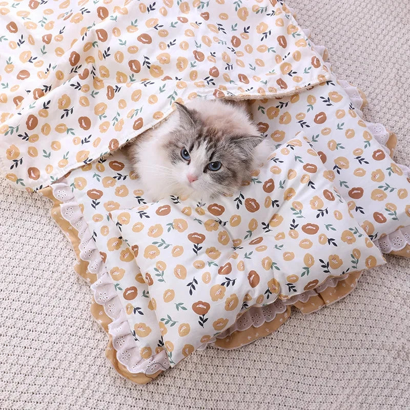 Cute Cat Bed With Pillow Universal Three-Piece Princess Nest Dog Kennel Pet Cushion Small Medium Cat Sleeping Bed Pet Blanket