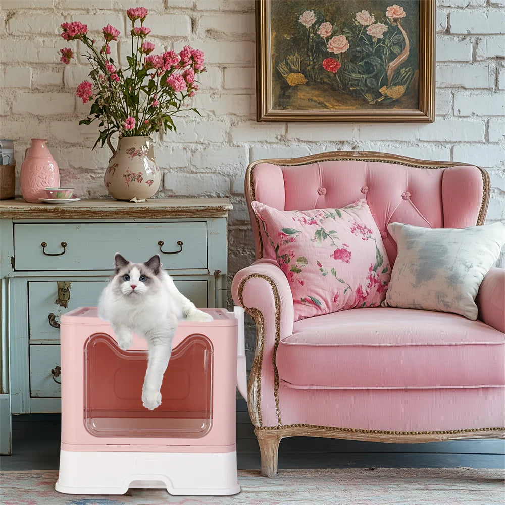 Large Pink Cat Litter Box Tray Top Entry Cat Toilet with Lid Hooded Kitten Litter Drawer Tray with Scoop No Smell Easy Cleaning