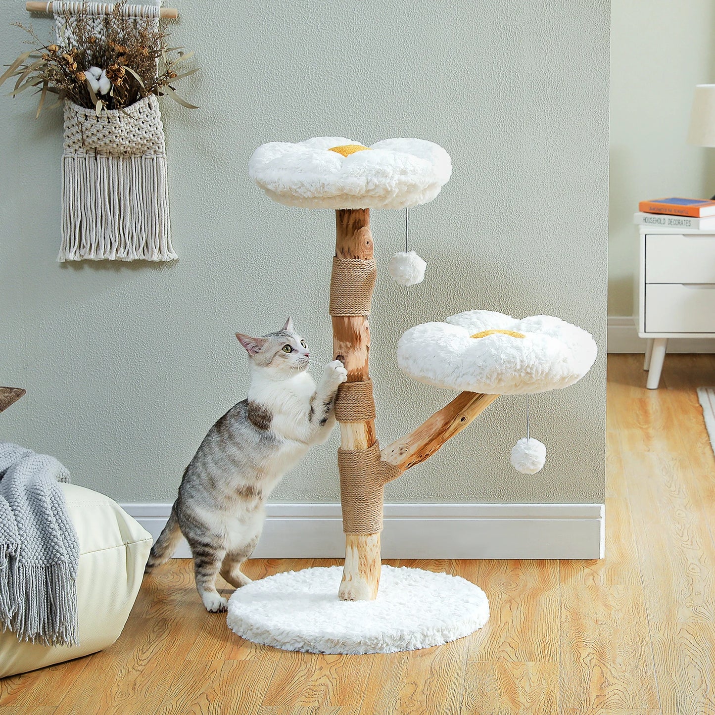 Wood Flower Cat Tree with 2 Perches Sisal Scratching Post Modern Cat Tower for Indoor Cats Luxury Boho Cat Furniture Cat Toys