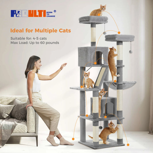 H180CM Large Cat Tree for Indoor Tall Tower for Cat Multi-Level Plush with Natural Sisal Scratching Post Condos Perches Hammock