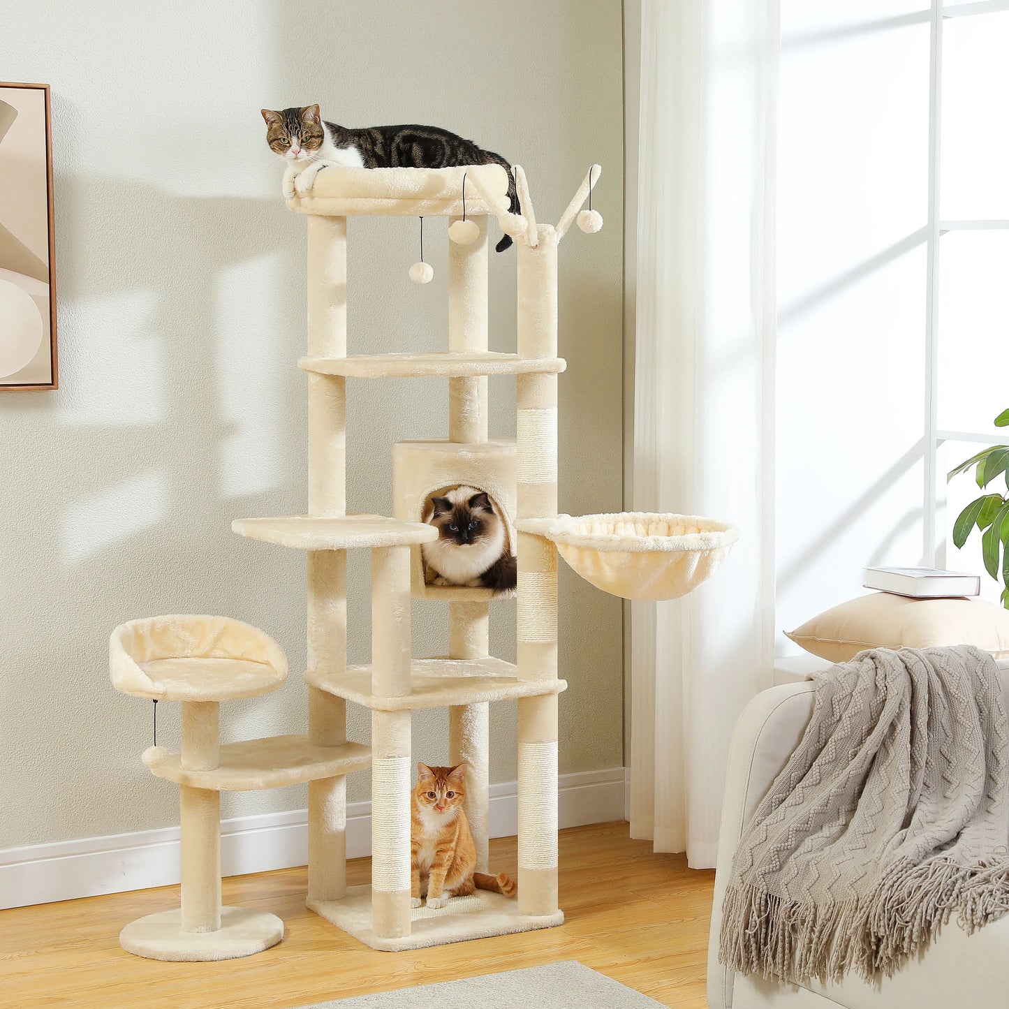 Stable Cat Tree Tower with Anti-Toppling Device,Cozy Detachable Top Bed,Cute Round Cat Condo,Large Hammock,Replaceable Pompoms
