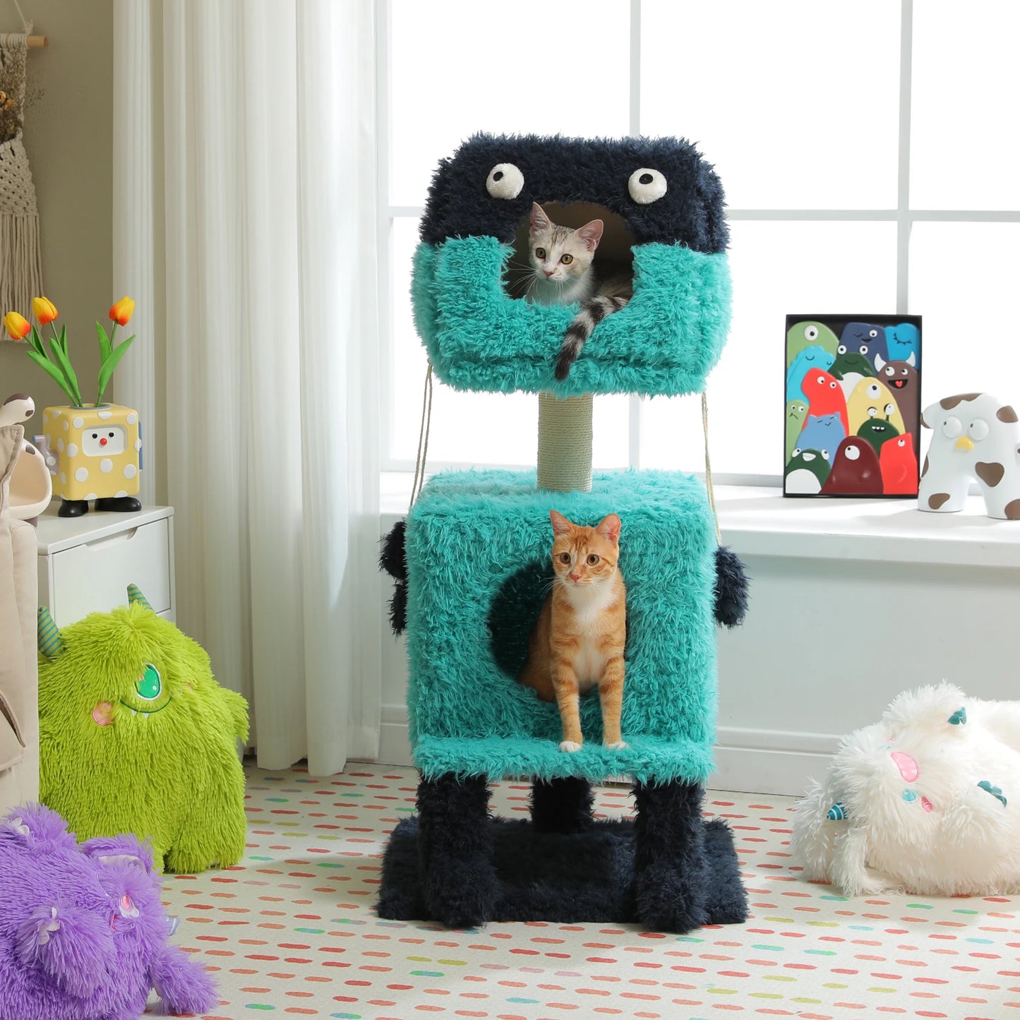 Monster Series Cute Cat Tree Tower Plush Modeling with 2 Big Cat Condos Cat Scratching Post with Plush Shoes Strange Braids Toy