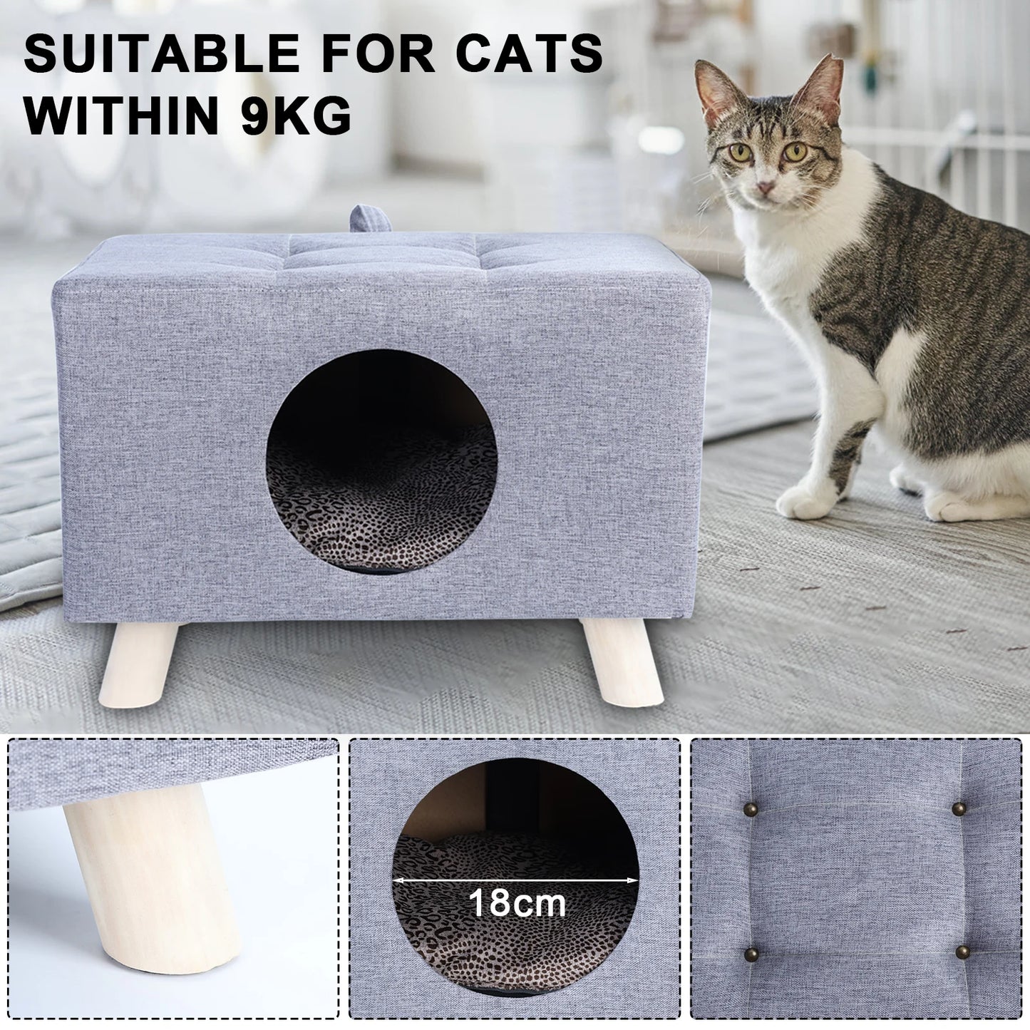 Cat Nest, Pet House Bench, Wood Pet House Cat Cave with Mat, Pet House Foot Rest Stool with Cushion, Cube House for Cats dogs