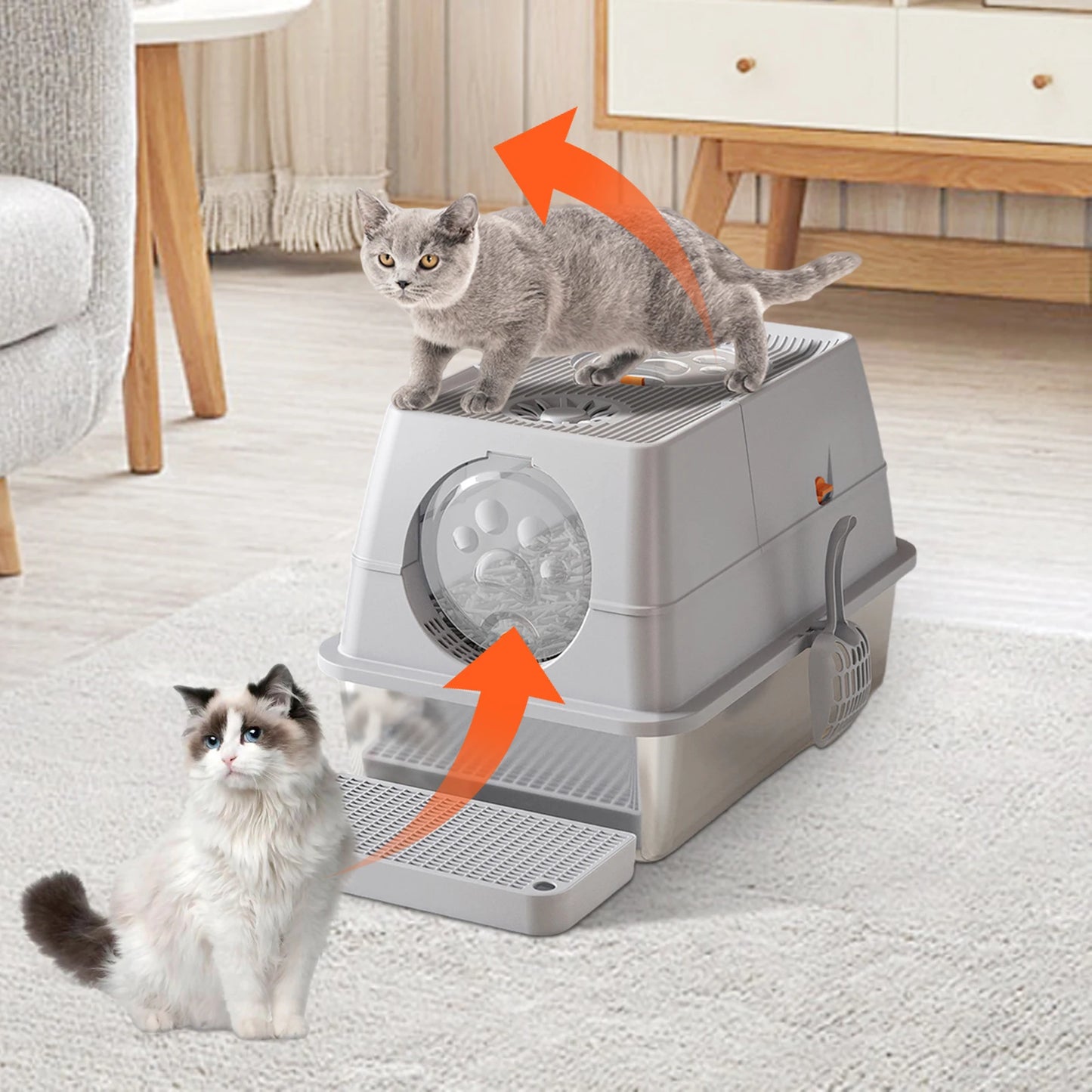 Stainless Steel Litter Box with Lid Anti-Leakage Non Stick Surface XXL Cat Litter Pan w/Scoop & Steps 60x40x39cm