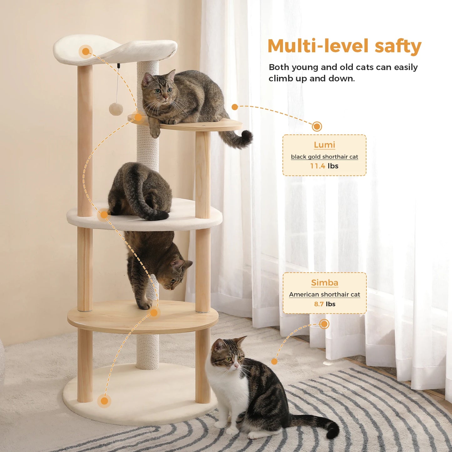 Modern Cat Tree Tower Furniture Wooden with Scratching Post Multi-level Jumping Platform with Condo and Comfortable Perch Beige