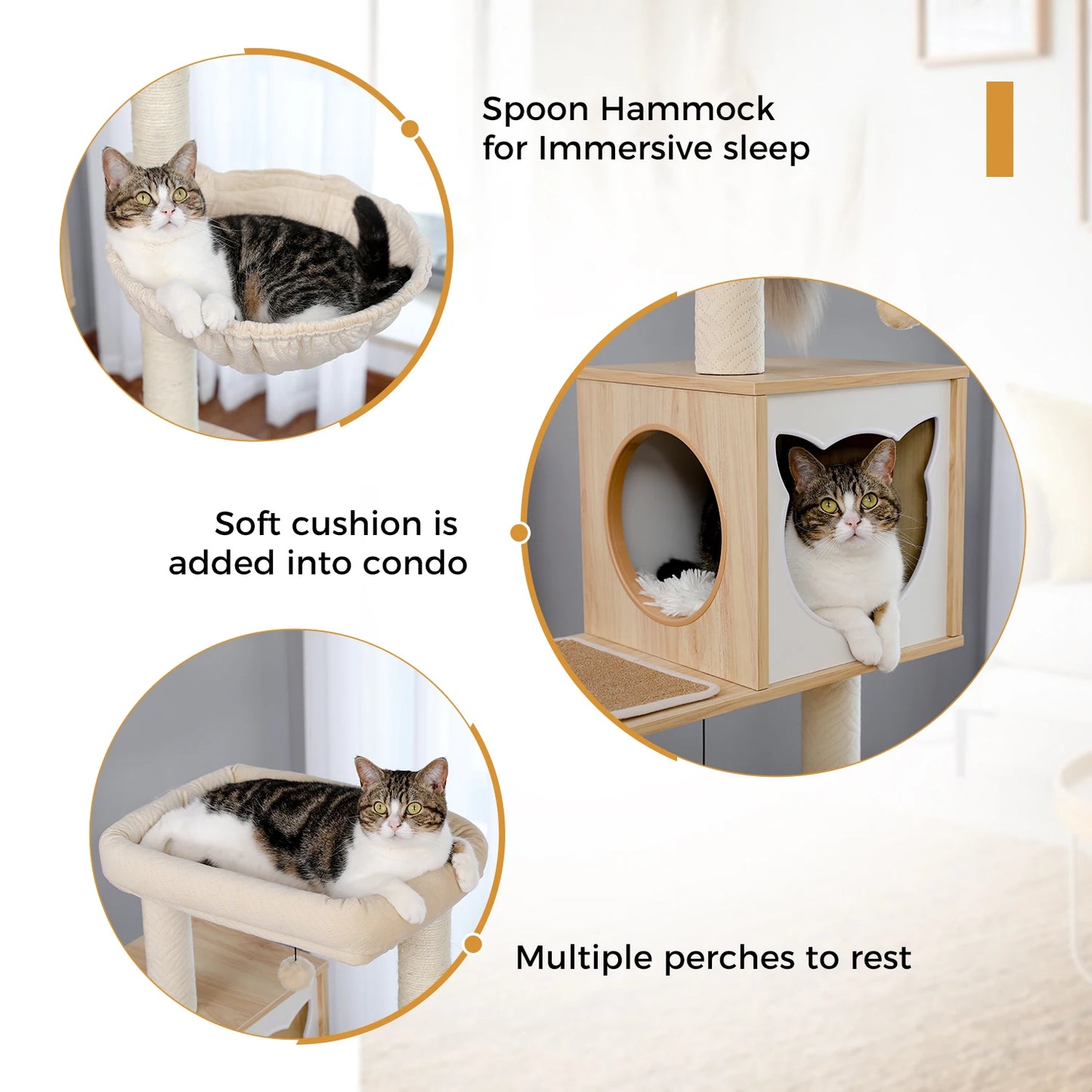 Wood Cat Tree with Storage Cabinet Sisal Scratching Post Cozy Cat Condo Soft Hammock Large Cat Tower for Indoor Cat Accessories