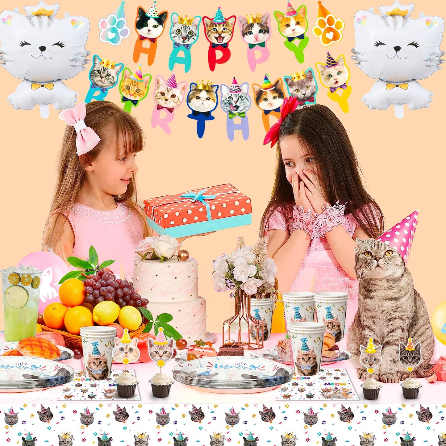 Cat Birthday Party Supplies,93pcs Birthday Decorations &Theme Tableware Set-Party Plates Napkins Tablecloth&Banner Balloons etc