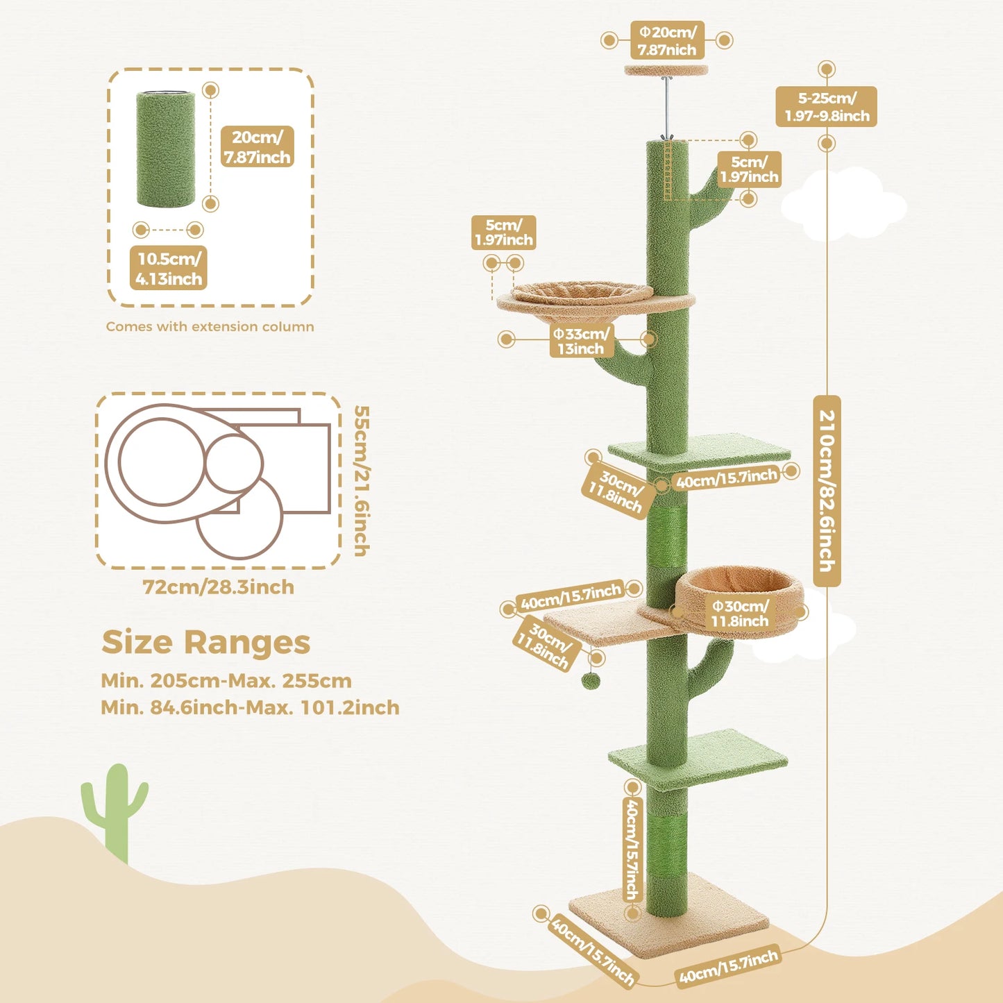 Cactus Cat Tree Adjustable Floor-to-Ceiling Cat Tower Safe Multi-Level Climbing & Play Tower for Multi-Cat Homes,Cat Accessories