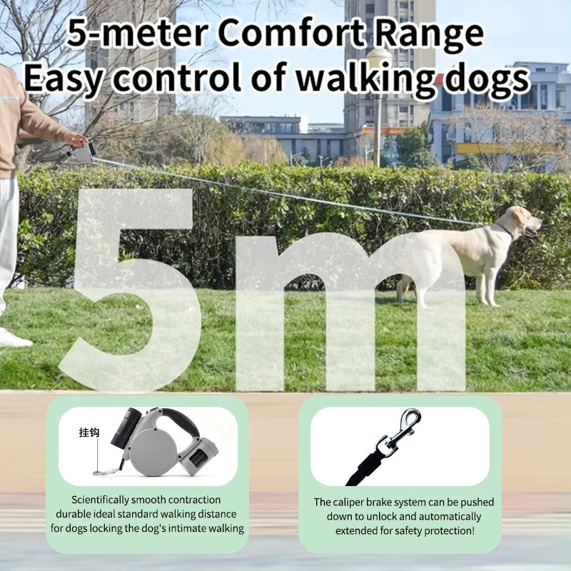 Multifunctional Retractable Dog Leash 5m / 16feet | Hands-Free Retractable Pet Lead, Built-In Storage Box And 3 Garbage Bag Roll