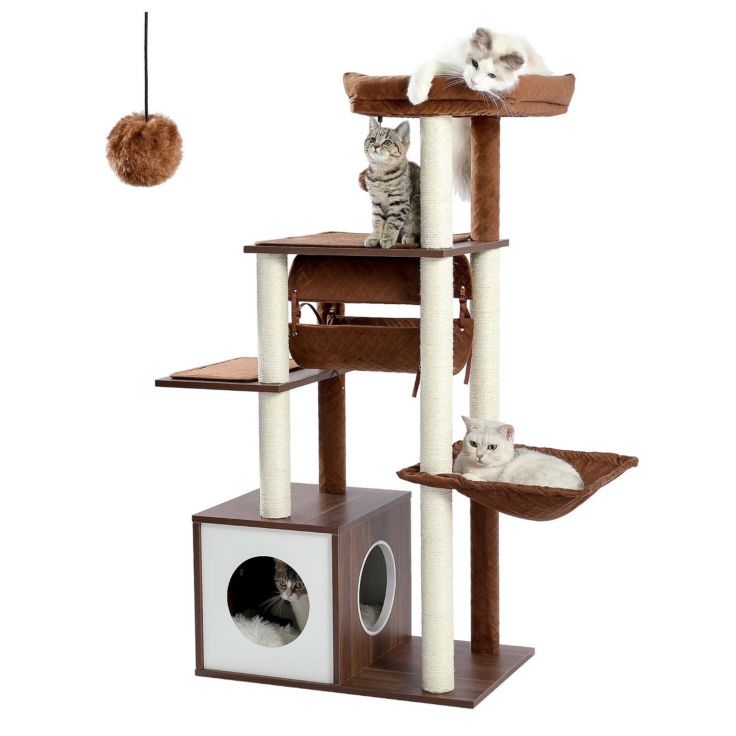 Multi-Level Wood Cat Tree with Tunnel Sisal Sctraching Post Large Condo Hammock Modern Cat Tower for Indoor Cat Accessories Toys