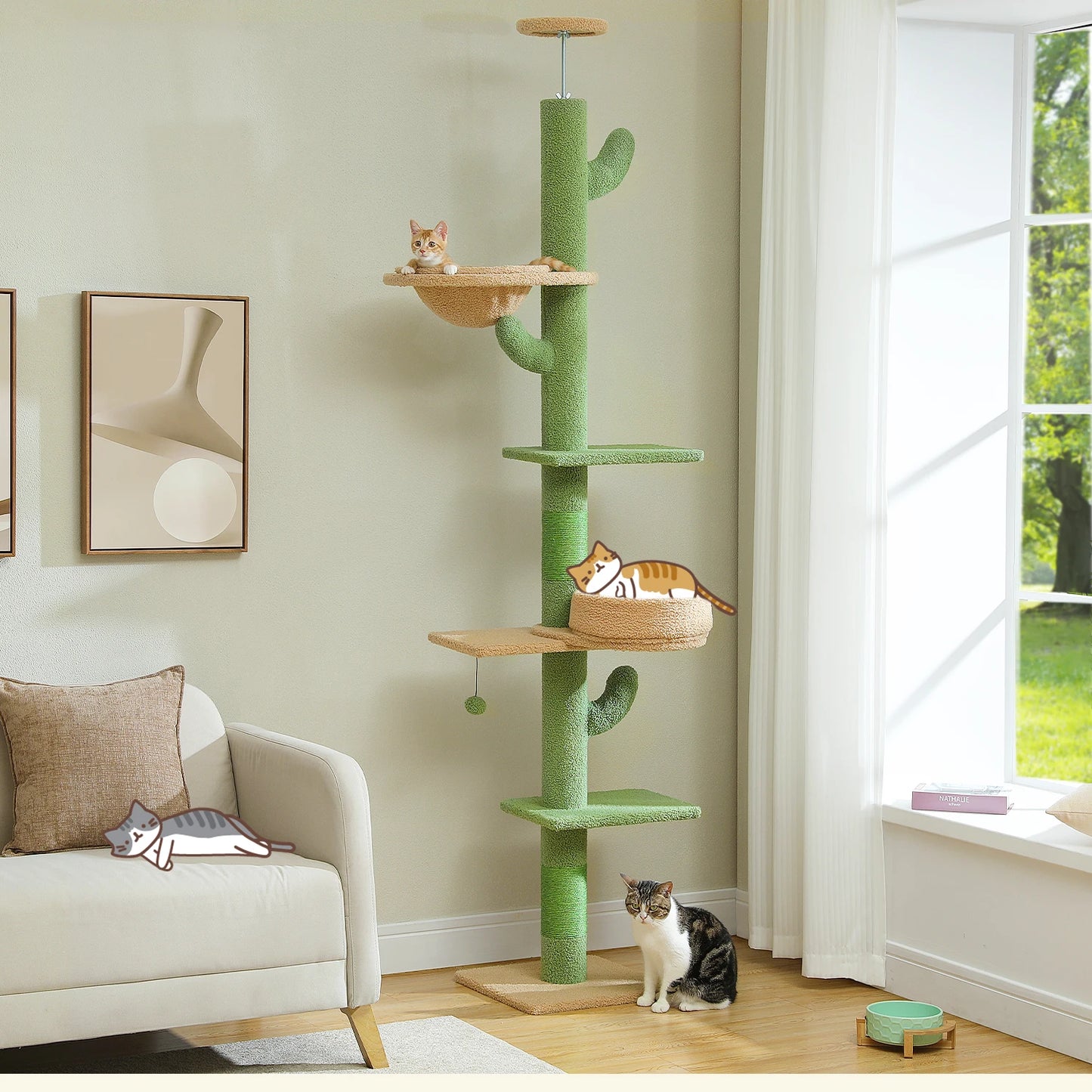 Floor to Ceiling Cactus Cat Tree Tower 5 Levels Height Adjustable Cat Tower with Cat Perch Replaceable Hammock Super Robust