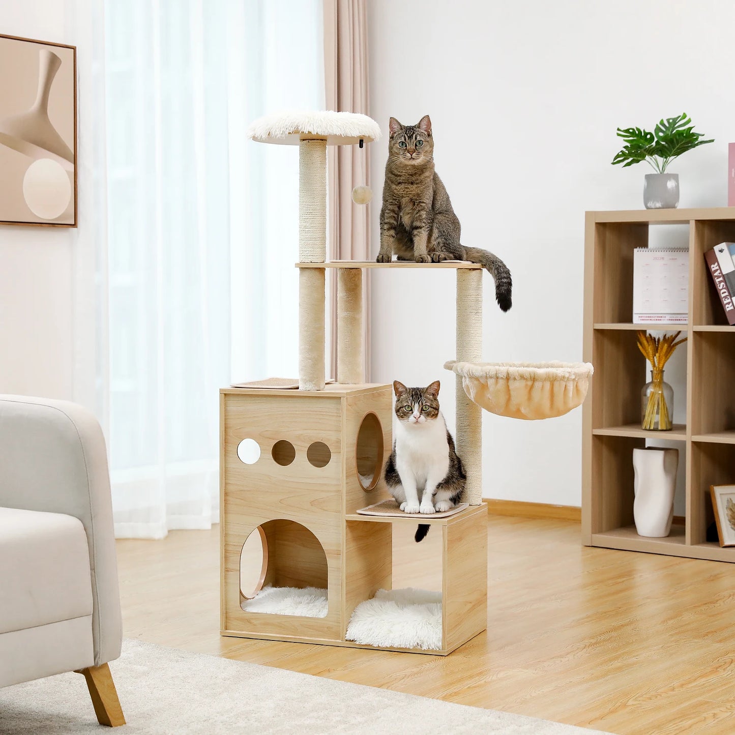 Wood Cat Tree with Sisal Scratching Posts, Large Top Perch, Deep Hammock, Cozy Cat Condo for Indoor, Multi-Level Cat Tower House