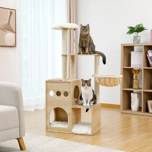 Wood Cat Tree with Sisal Scratching Posts, Large Top Perch, Deep Hammock, Cozy Cat Condo for Indoor, Multi-Level Cat Tower House