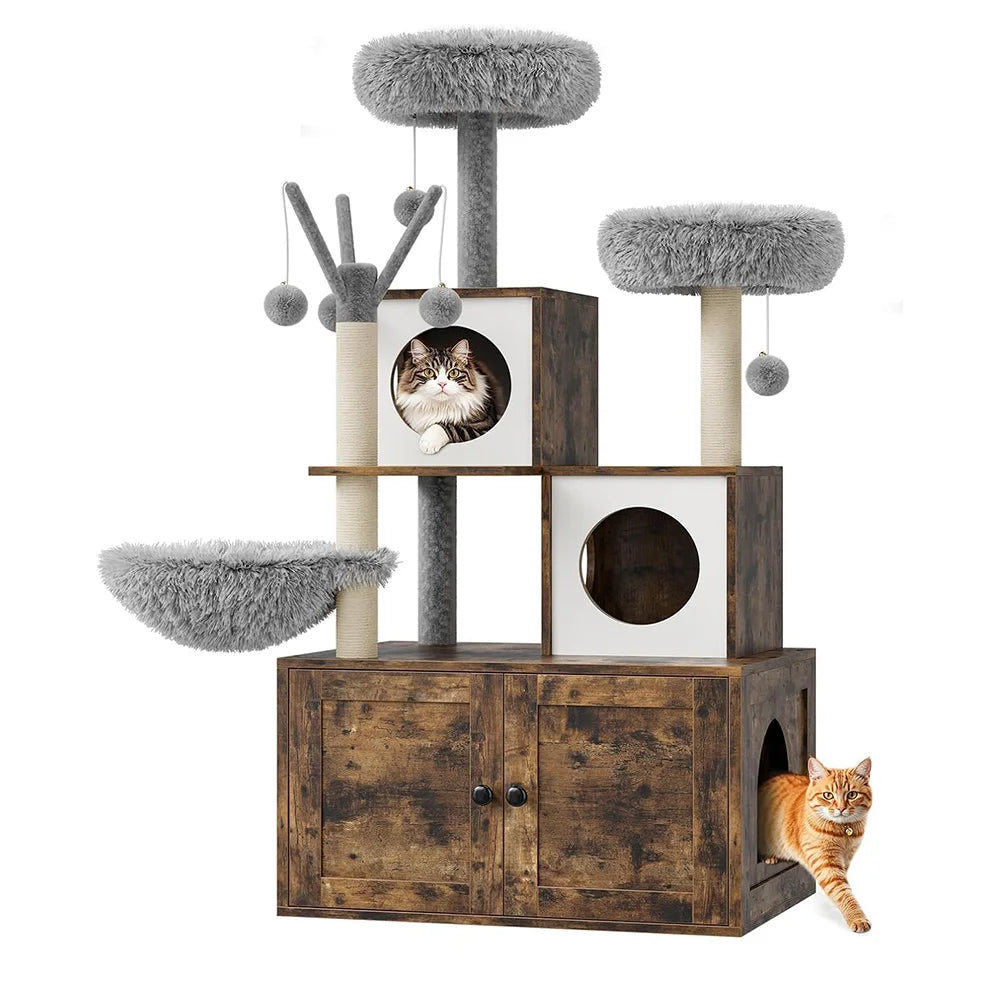 Litter Box Enclosure with Cat Tree Tower Condo - 3-in-1 Cat House Multi-Level Design for Climbing, Wooden Cat Furniture